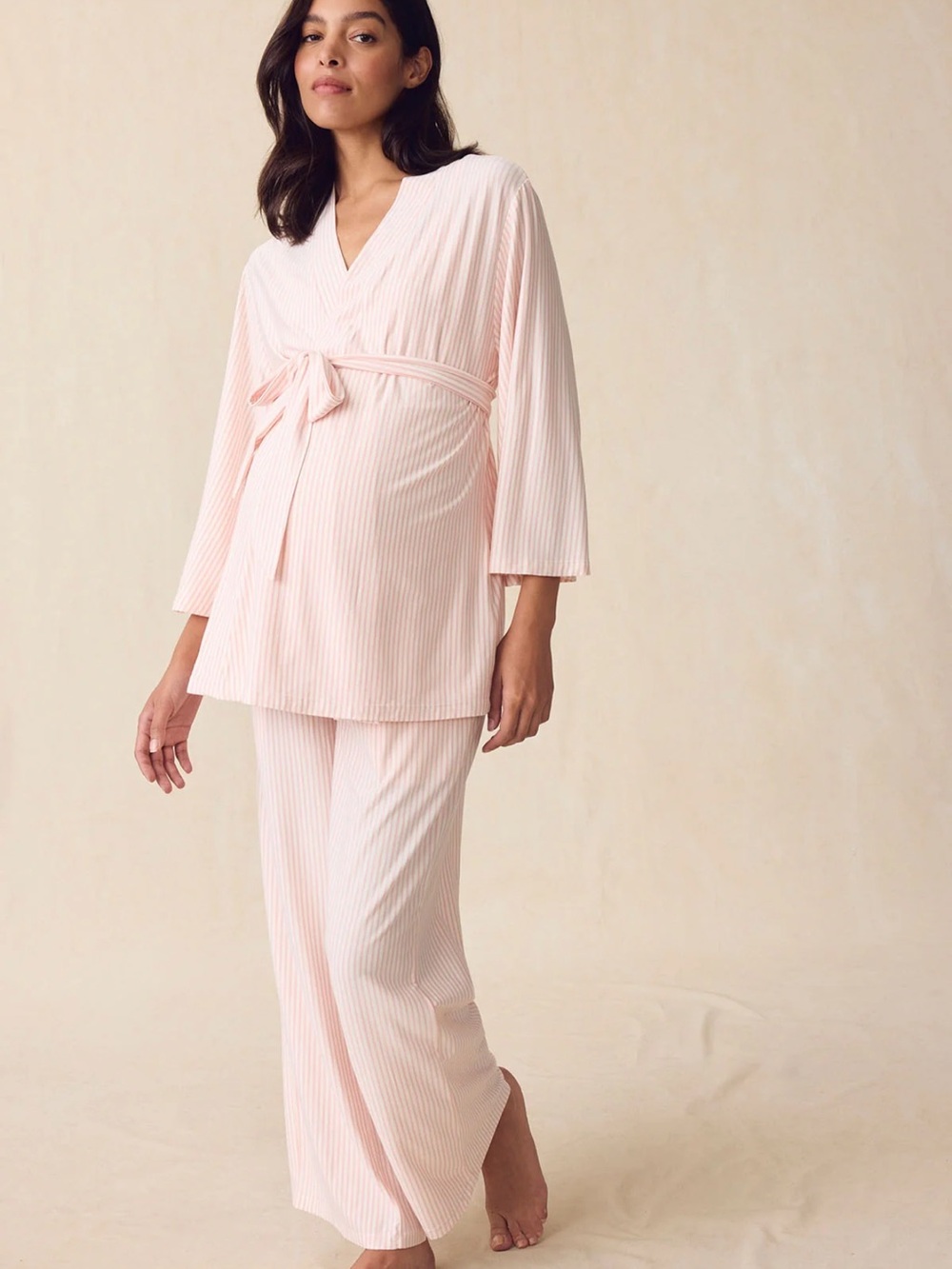 LAKE Maternity DreamModal Kimono Three-Piece Set in English Rose Pencil Stripe - Picture 4 of 4